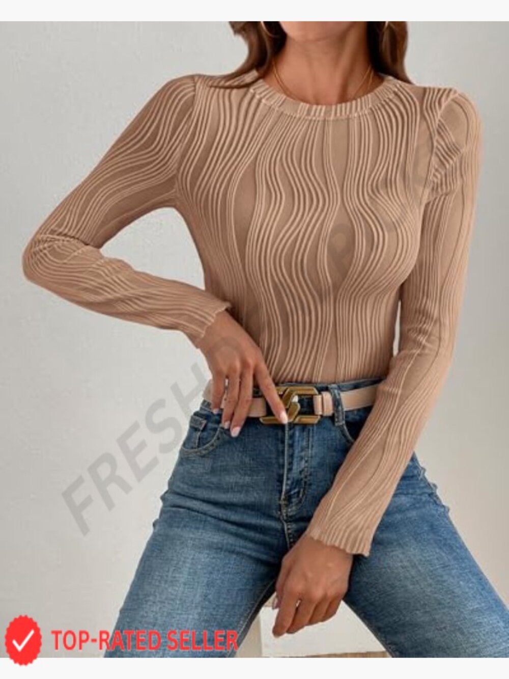 Long Sleeve Crewneck Blouse Fitted Textured Knit T Shirt Y2K Chic Top - Picture 3 of 7